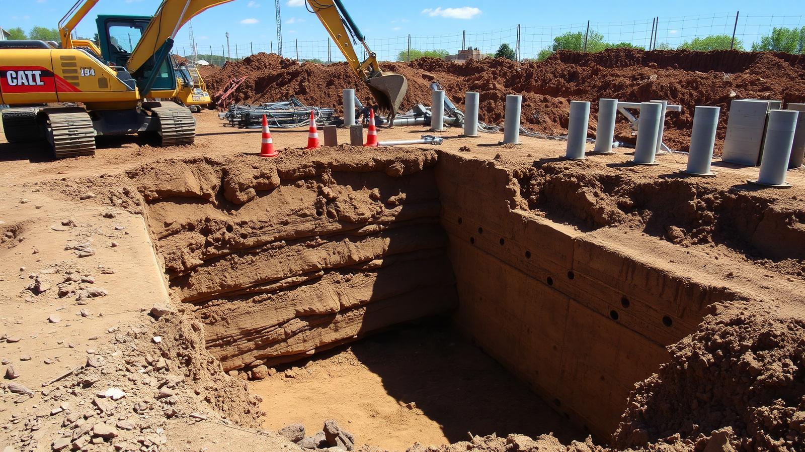 Escavação de fundações em canteiro de obras com estacas de concreto