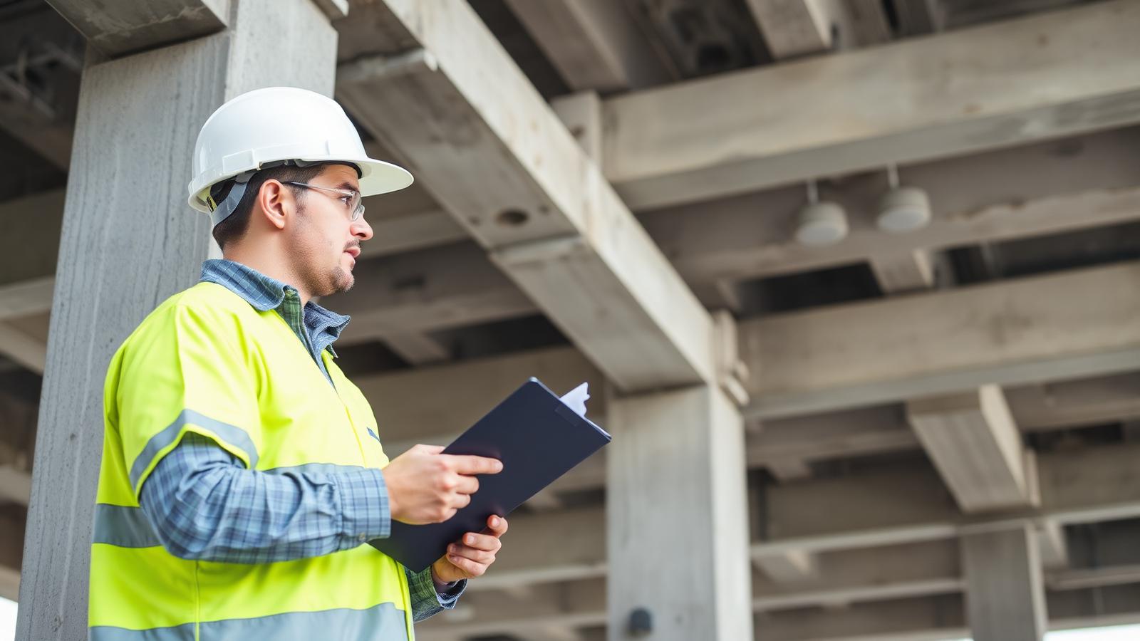 Engenheiro realizando vistoria técnica em estrutura de concreto